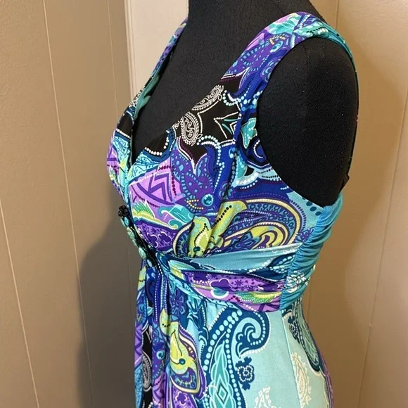 Bisou Bisou silky stretch ruched strap & empire waistband bead buckle maxi. Sz 4 - Picture 4 of 9